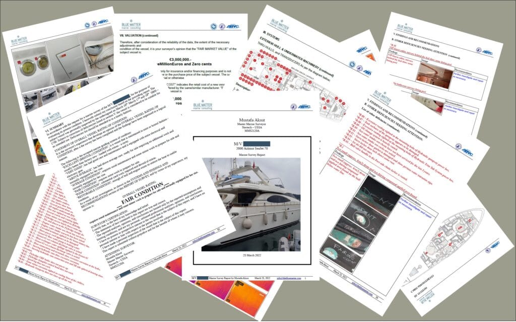 Blue Matter marine survey report pages showing valuation summary findings and recommendations